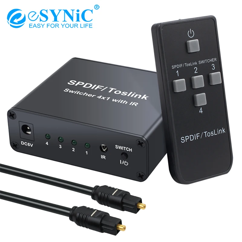 ESYNiC 4 порта SPDIF/Toslink коммутатор с ИК для LPCM2.0 DTS алюминиевый сплав 4x1 Цифровой