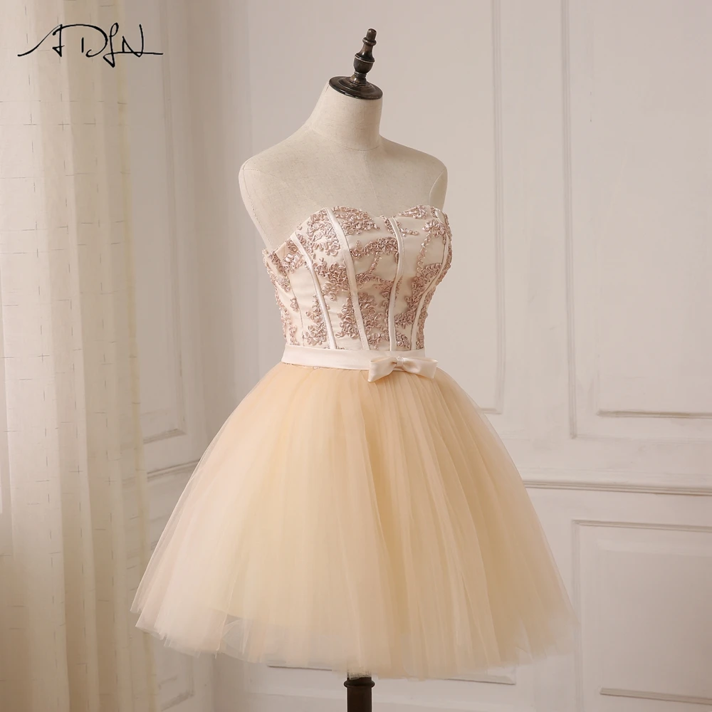 ADLN вечерние платья цвета шампана короткая возлюбленная безрукий Тюль A Line