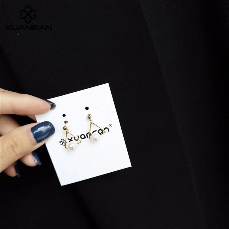 XUANRAN Cute Simulated Pearl Charm Earrings For Women Classic Triangle Shape Gold Plated Stud Handmade Jewelry R317 | Украшения и