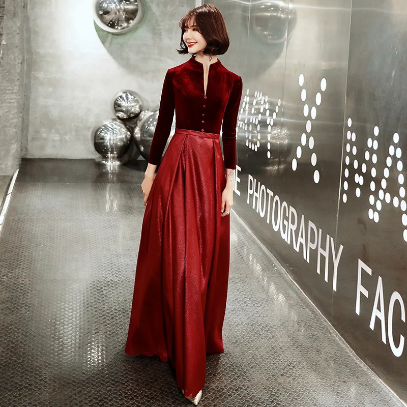 

Burgundy V-neck Chinese Oriental Wedding Female Long Sleeve Cheongsam Vintage Evening Dress Elegant Celebrity Banquet Dresses