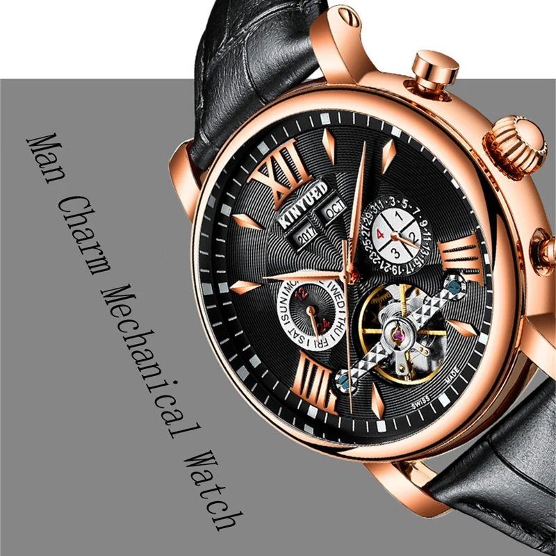 

KINYUED Men New Tourbillon Automatic Mechanical Watch Luxury Fashion & Casual Brand Leather Man Week Gold Self-Wind Watches