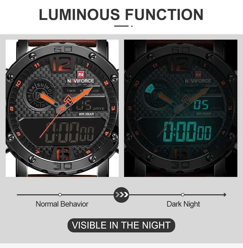 NAVIFORCE мужские часы Топ люксовый бренд мужские кожаные спортивные часы мужские кварцевые светодиодный цифровые часы водонепроницаемые военные наручные часы