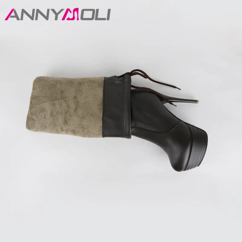 ANNYMOLI/женская зимняя обувь; сапоги на платформе и высоком каблуке; пикантные сапоги до бедра; осенние сапоги выше колена на шнуровке; белые сапоги на молнии; Размеры 33-43