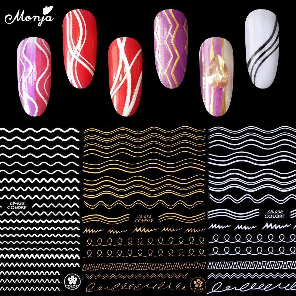 Monja самоклеящиеся металлические наклейки для дизайна ногтей в виде золотых линий