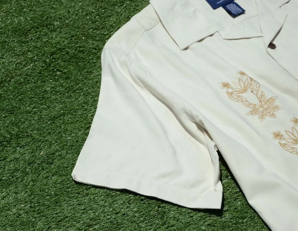 Мужская рубашка с короткими рукавами черно-бежевая/белая шелковая вышивкой