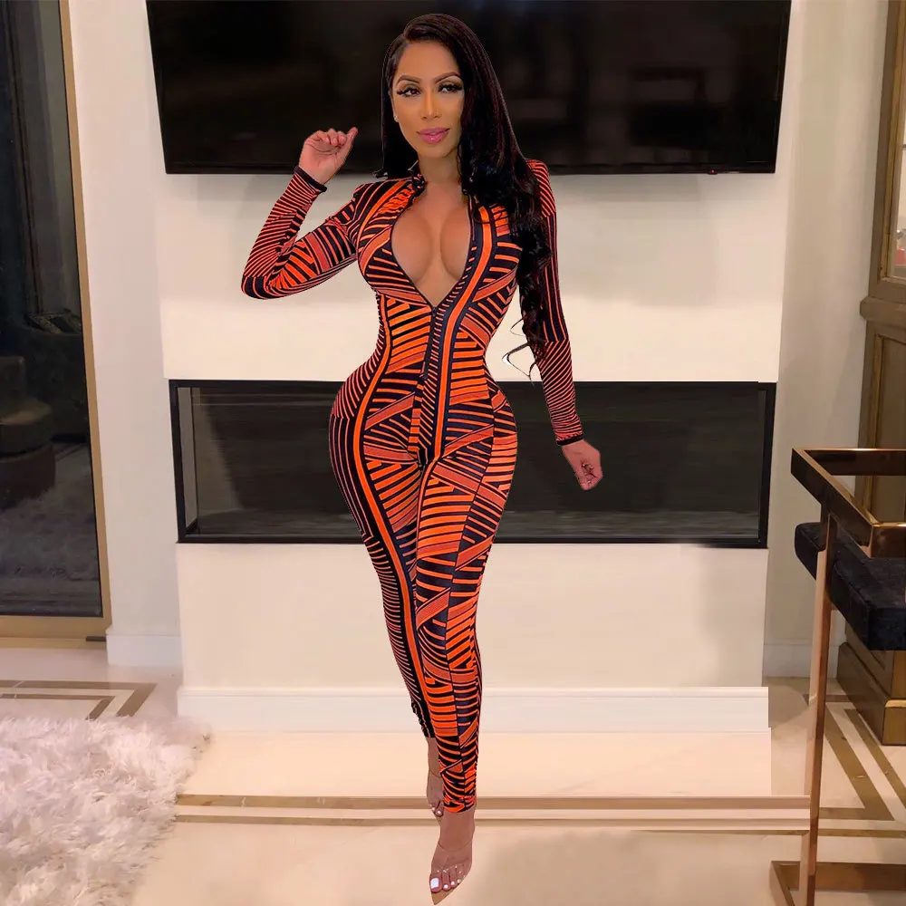 

2019 Siamese pants women's autumn and winter high waist was thin trousers zipper long-sleeved printed new jumpsuit