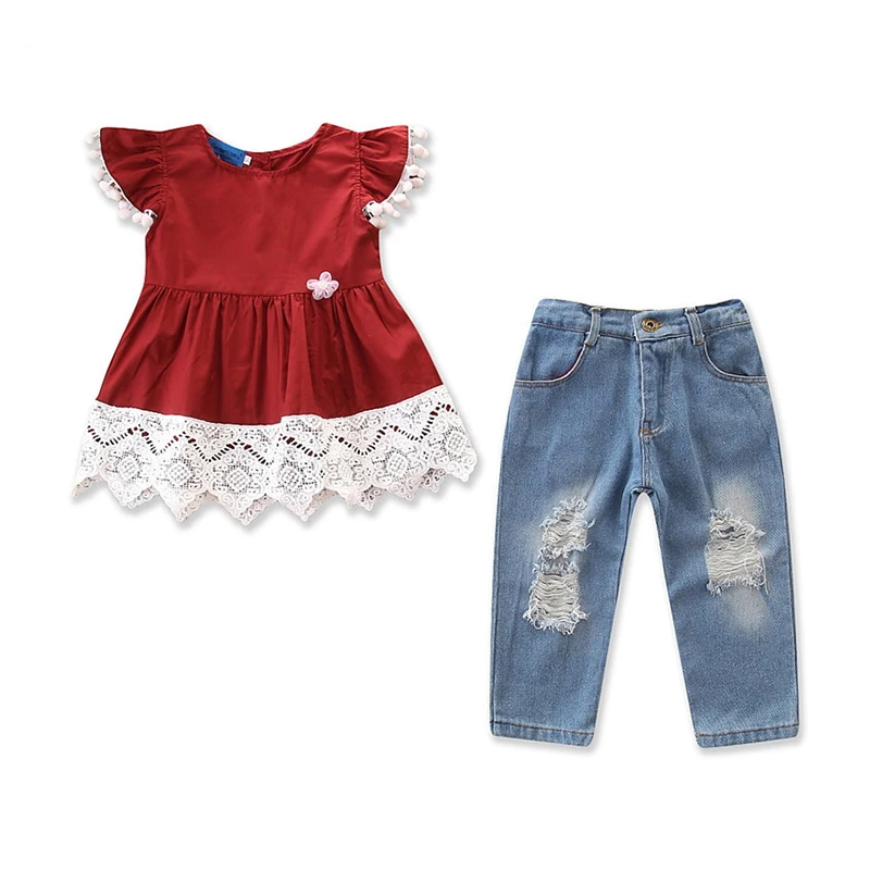 

2018 Children Clothing Set Baby's Suit Children's Kids Autumn Sports Suit Set lace stitching T-shirt + jeans 2 sets Girls clothe