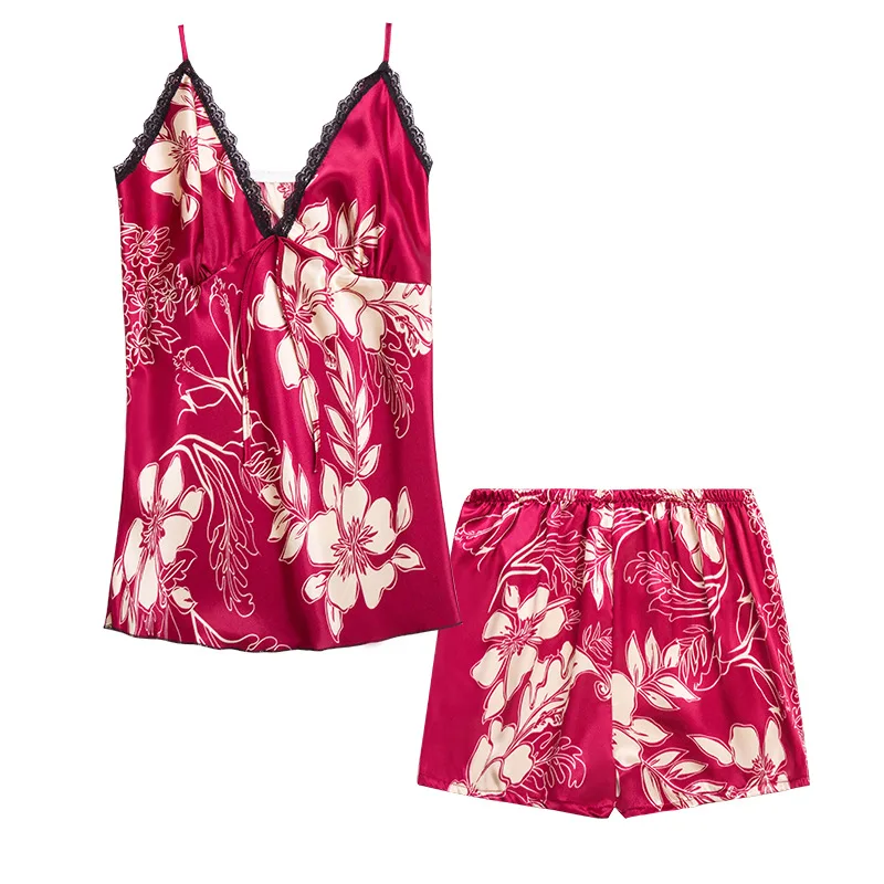 2019 летние Пижамные комплекты для женщин модная кружевная отделка атласная