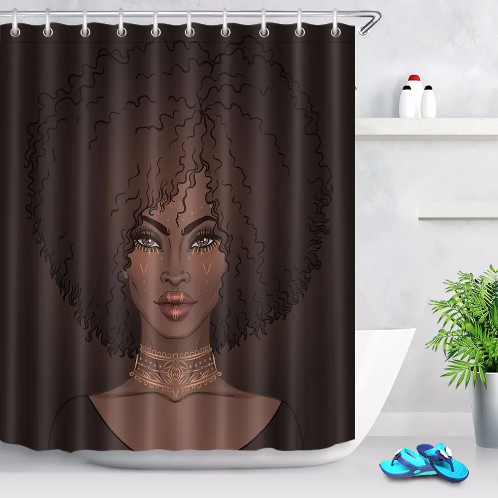 

72'' African American Pretty Girl Black woman Waterproof Bathroom Shower Curtain Polyester Bathroom Curtain & 12 Hooks