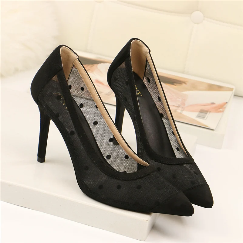 2019 г. женские туфли-лодочки на тонком высоком каблуке 9 см черные с горшочками