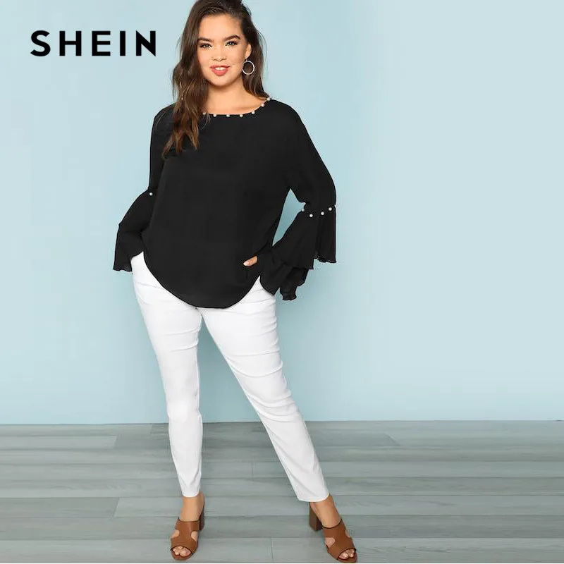 SHEIN, украшенный жемчугом, многослойный рукав с рюшами размера плюс, женская черная блузка,, модный топ с круглым вырезом, украшенный бисером