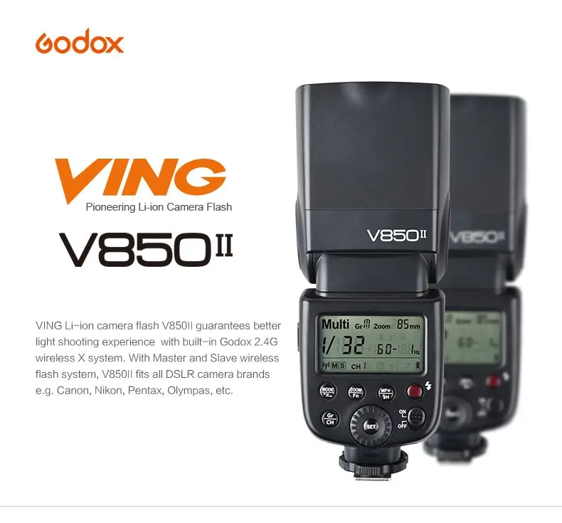 Godox V850II V850 II Встроенный 2,4G поддерживает Master Slave li-ion аккумулятор GN60 для Canon Nikon Pentax Olympus