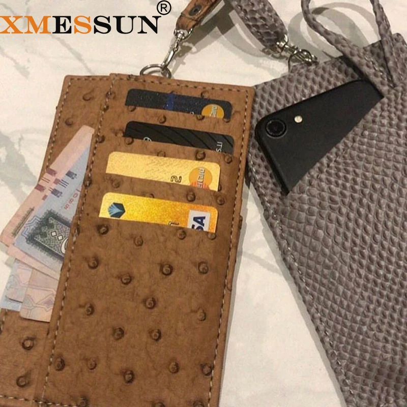 

XMESSUN Genuine Leather Mobile Phone Card Holder Embossed Crocodile Phone Wallet Snake Pattern Pouch With Lanyardr Phone Bag