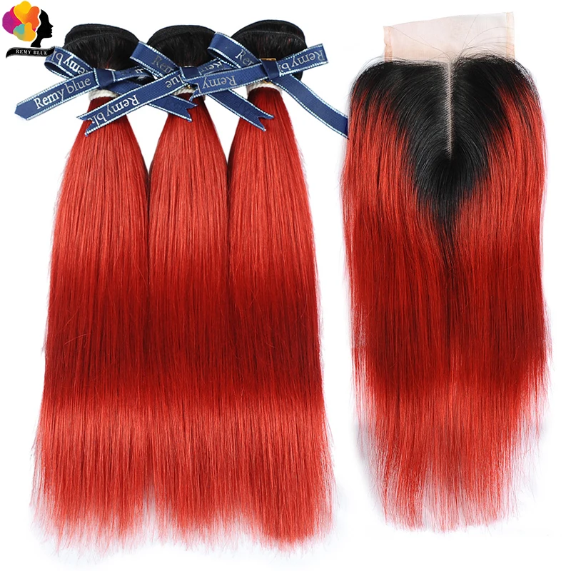 Remyblue Lucky Red 99J пучки с закрытием бордовый Омбре бразильские прямые волос Remy