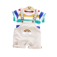 summer baby girls boys cotton clothing sets toddler striped t shirt rainbow overalls 2pcssets children fashion casual tracksuit