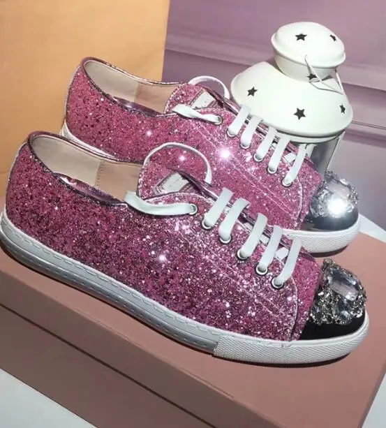 

Carpaton Fashion Crystal Embellished Round Toe Flat Shoes High Quality Leather Glitter Casual Shoe Woman Lace-up Leisure Shoe