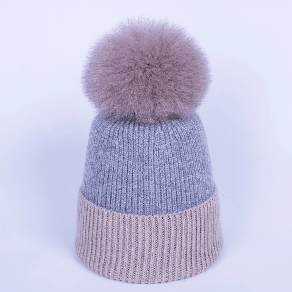 YC Fur, зимняя шапка, шапка для женщин, натуральный мех, помпон, шапки s, шапки бини, женские, двойные цвета, вязаные шапки из овечьей шерсти, шапки бини, Skullies, для девочек