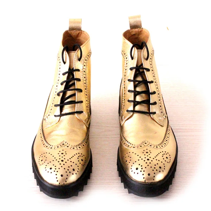 

British style pointed toe lace up high top men boots gold color carved fretwork ankle boot men shoes thick bottom casual boots
