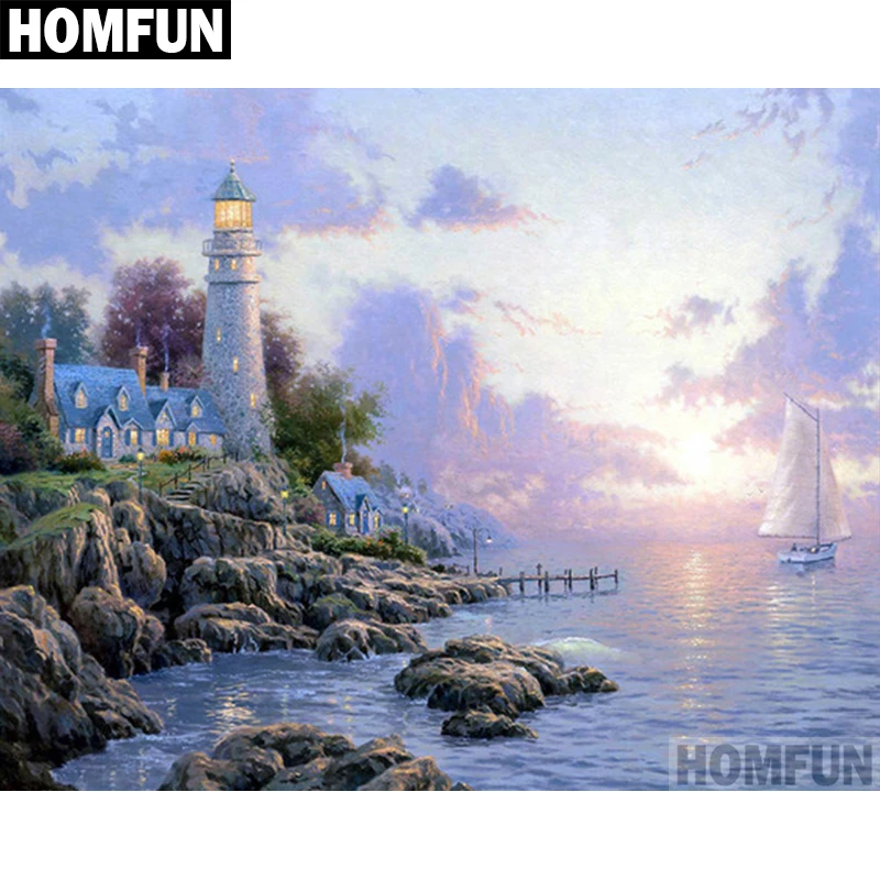 

HOMFUN Full Square/Round Drill 5D DIY Diamond Painting "Ocean Lighthouse" Embroidery Cross Stitch 5D Home Decor Gift A06064