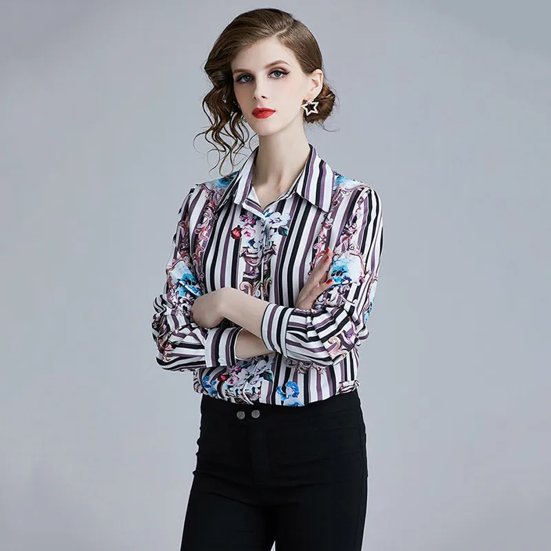 2019 Весенняя рубашка с длинным рукавом женские рубашки в полоску отложным