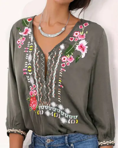 Блузка женская свободного кроя с цветочным принтом в этническом стиле | Женская