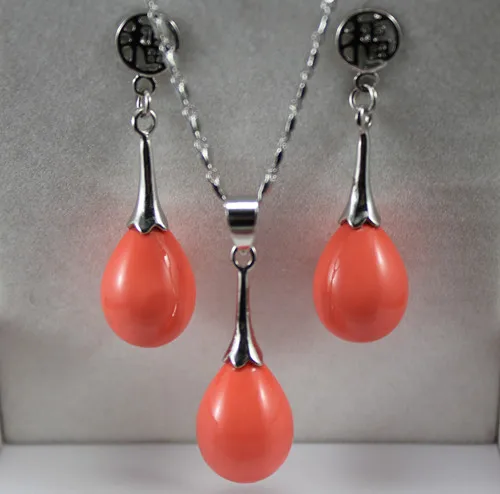 

wholesale noble 12*16mm orange water drop shell pearl pendant & fu lucky earring jewelry set 002