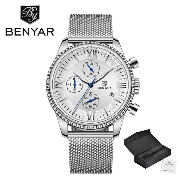 Silver White BENYAR, мужские часы, модные спортивные Кварцевые Золотые часы, мужские часы, мужские часы, Топ бренд, Роскошные водонепроницаемые часы - Цвет: Silver White