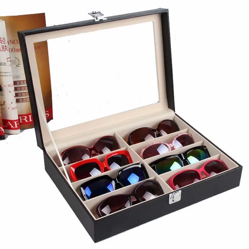 

High-grade PU Leather Transparent Cover Glasses Storage Organizer Case 8 Frames Sunglasses Display Box