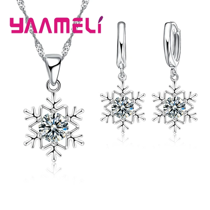 

Qualified Snowflake Women 925 Sterling Silver Jewelry Set Zircon CZ Crystal Pendant Necklace Earrings Party Gift