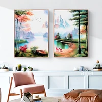nordic poster retro abstract mountain landscape oil canvas painting lake forest wall art picture for living room home decoration