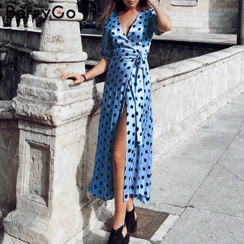 BerryGo женские платья винтажное платье в горошек с запахом длинное летнее v шейный