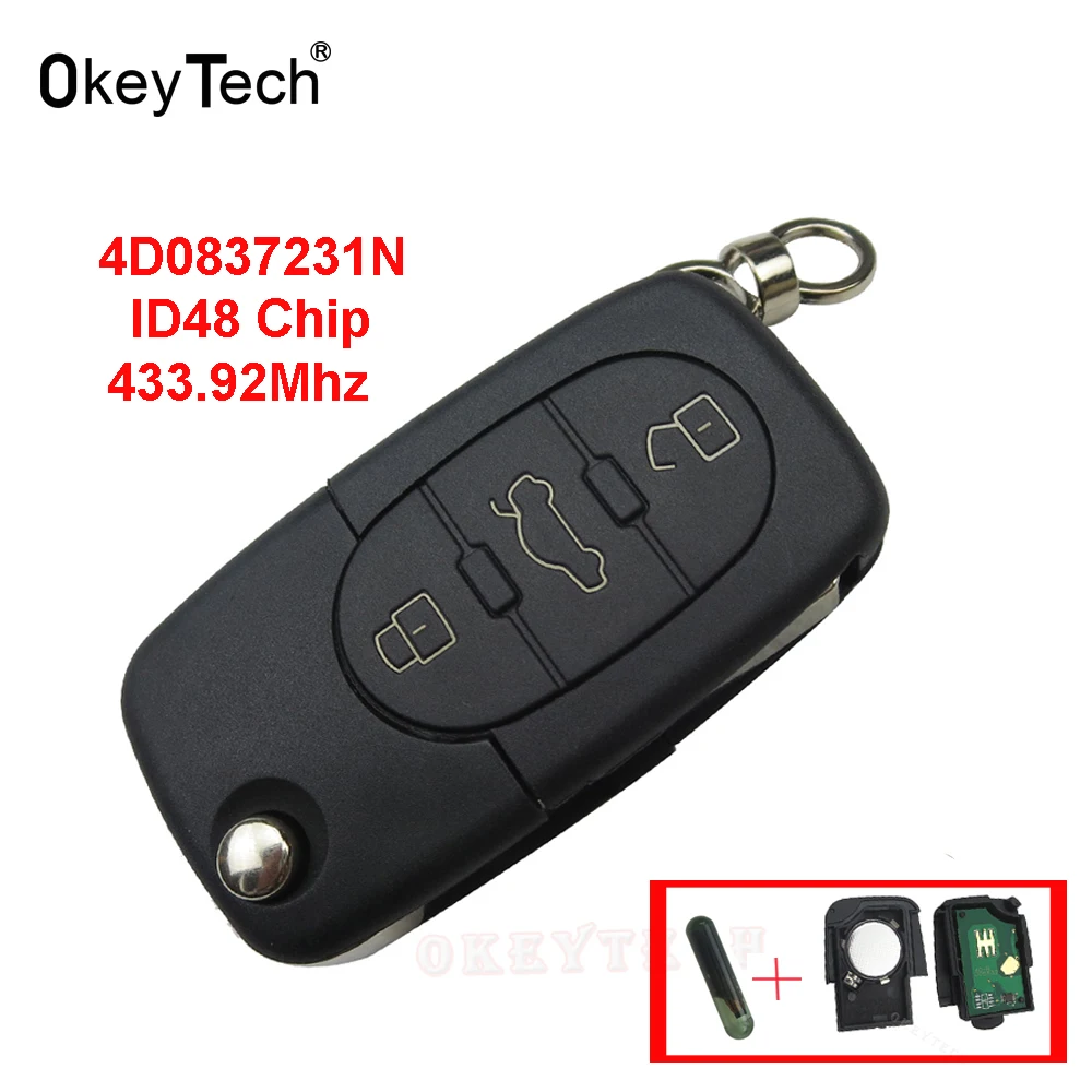 OkeyTech For Audi A2 A3 A4 A6 A8 TT 2002-2004 Remote Control Key 3 Button 433Mhz 4D0837231N ID48 Chip Flip Folding Car Key  FOB