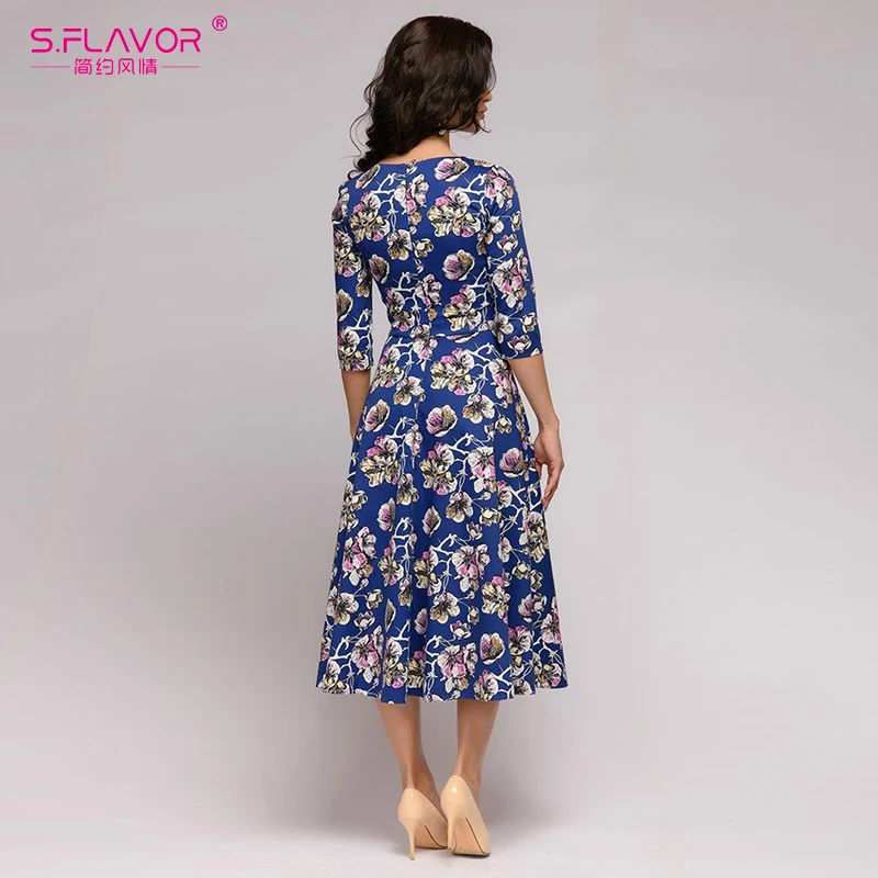 S.FLAVOR Women A line Style 3/4 Sleeve Slim Casual Dress Autumn Mid Calf Vintage Vestidos De Festa Elegant V Neck Sexy Dresses|Женские