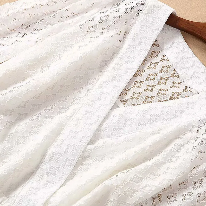 Корейское Openwork Sexy 교 винтажное платье со звездами белое/розовое кружевное с v