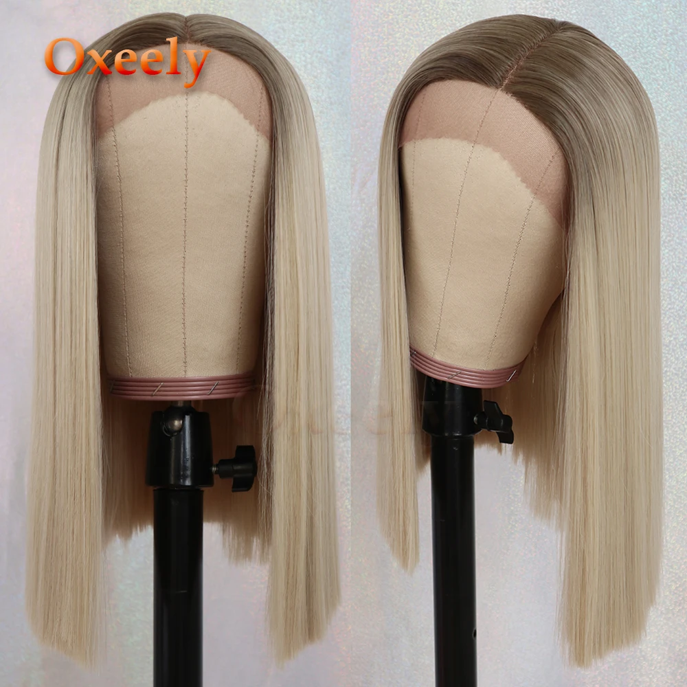 

Oxeely Brown Blonde BOB Lace Wigs Synthetic Lace Front Wigs For Women Short Hair Straight Ombre Wigs Middle Part Heat Resistant