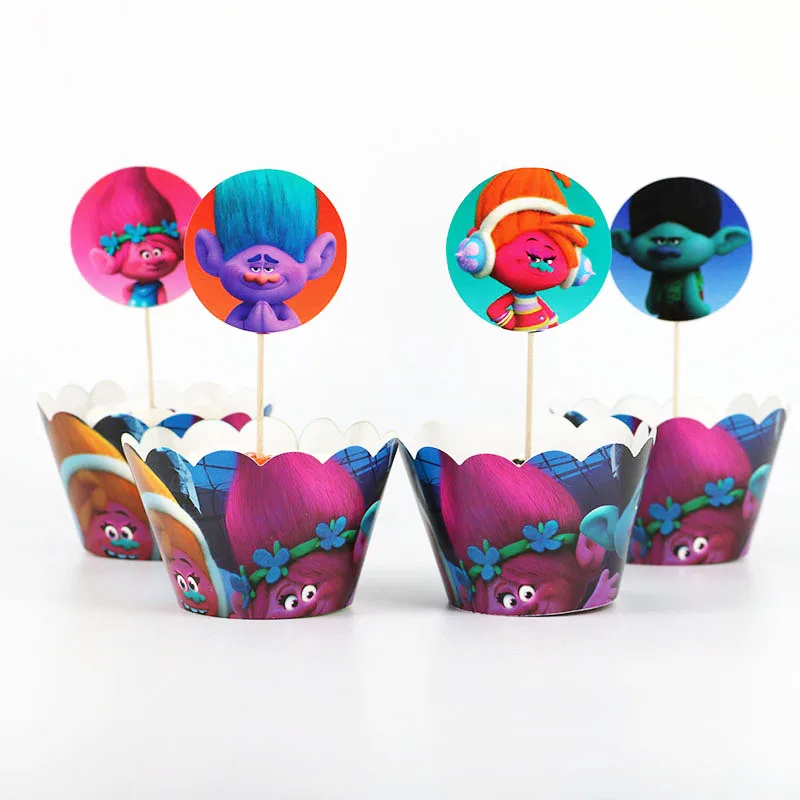 24 шт./лот обертка для кексов с троллями Детские вечерние украшения на день