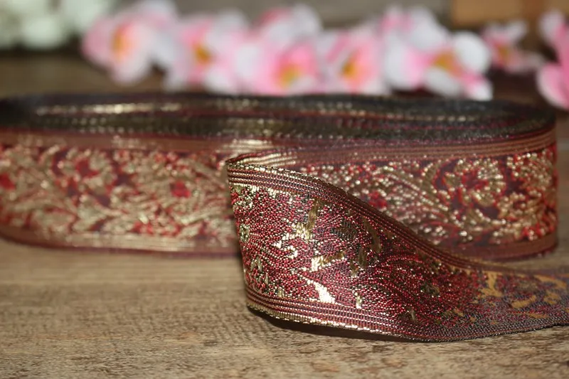 10 ярдов/много Тканые Жаккардовые Ленты 3.2 см красный фон золотые цветы шаблон IS-3116