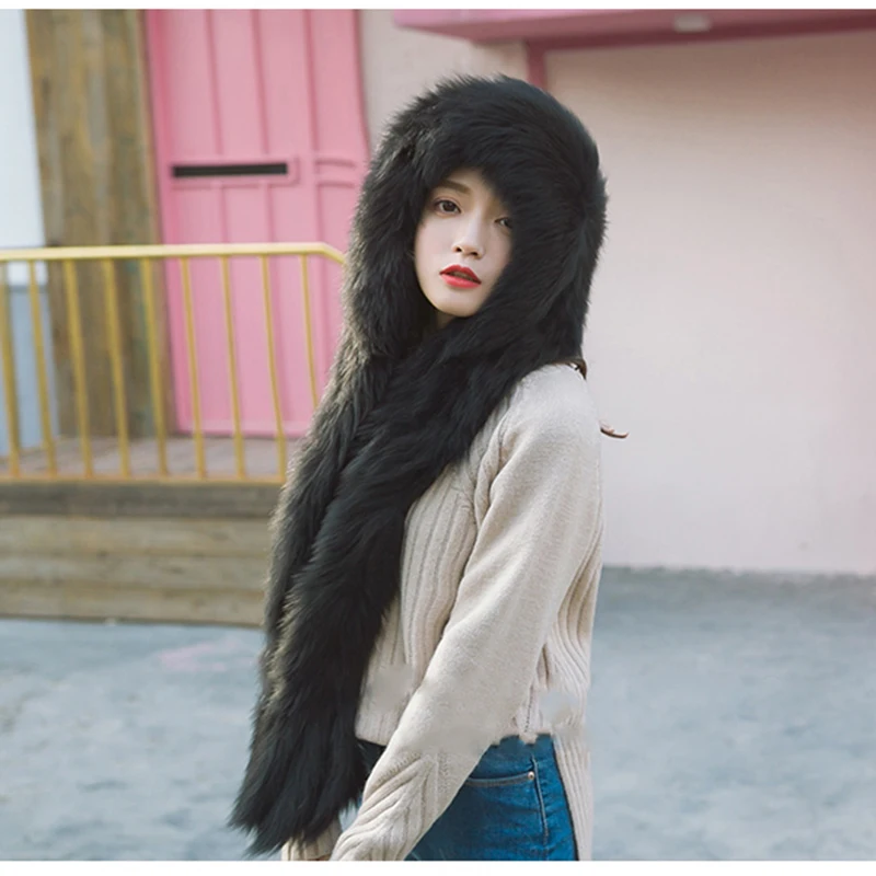 Женский вязаный шарф с капюшоном зимний меховой ручной вязки из натурального