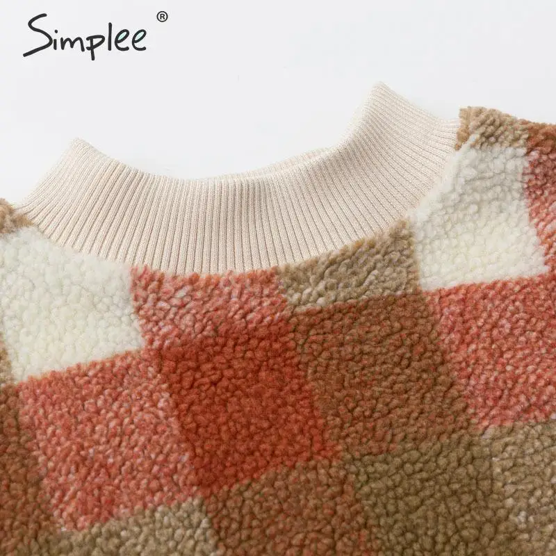 Simplee Casual lambswool plaid women hoodies sweatshirts O neck pullover loose female sweatshirt Autumn winter ladies warm coat