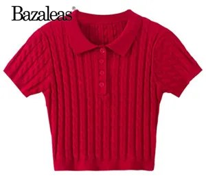 AP1 red 1901 Bazaleas Твист вязаная зеленая женская футболка винтажный отложной воротник пуговицы короткий Модный Топ Футболка Повседневная женская футболка - Цвет: AP1 red 1901