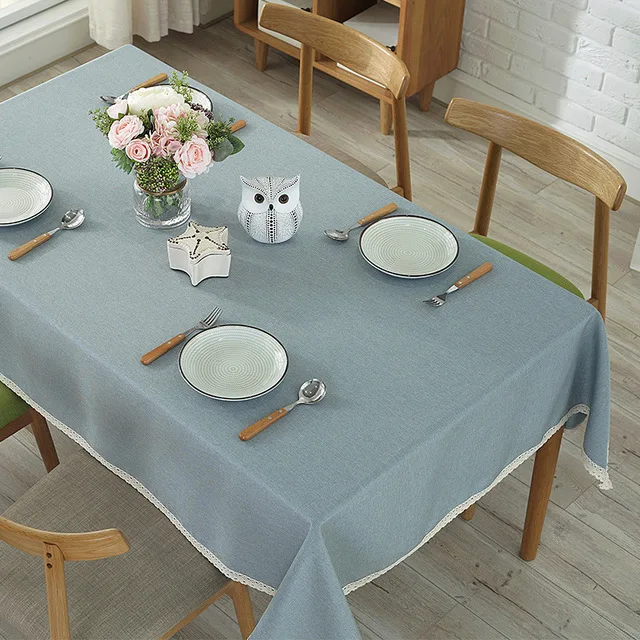 Gray-blue Solid Color Decorative Tablecloth Imitation Linen Lace Table Cloth Dining Table Cover Home Decoration - Цвет: Gray-blue