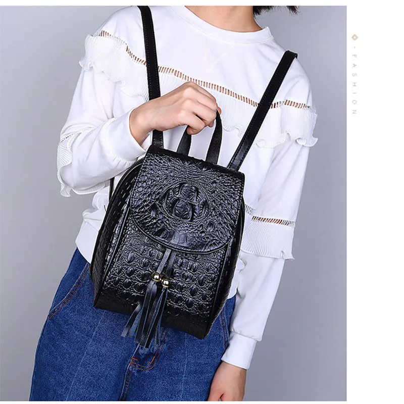 

Fashion women backpack high quality split leather backpacks for travel designer mini crocodile print bronze shoulder bag female