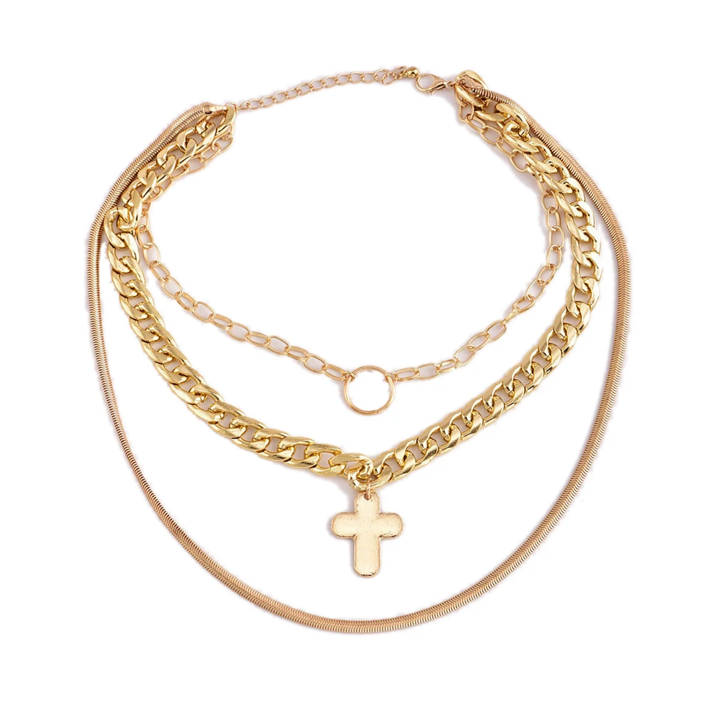 Для женщин Винтаж Крест Подвески Многослойные ожерелья цепи Мода Jewelry тройной