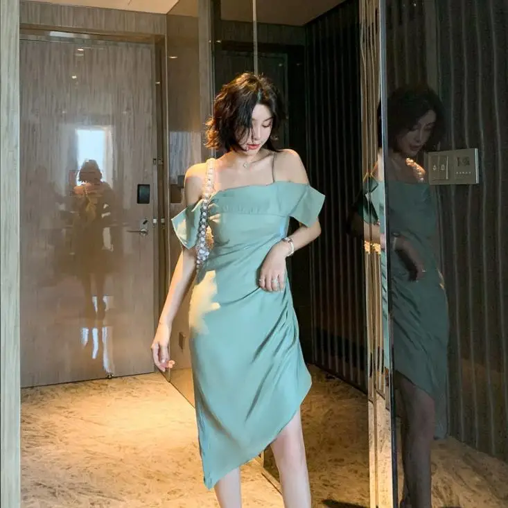 

Green Sexy Off Shoulder Women Summer Dress Spaghetti Strap Irregular Ruffle Slim Dress Vestidos De Verano