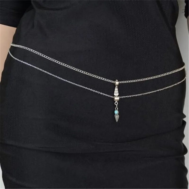 Женская двухслойная цепочка с кисточками серебристая на талию бикини