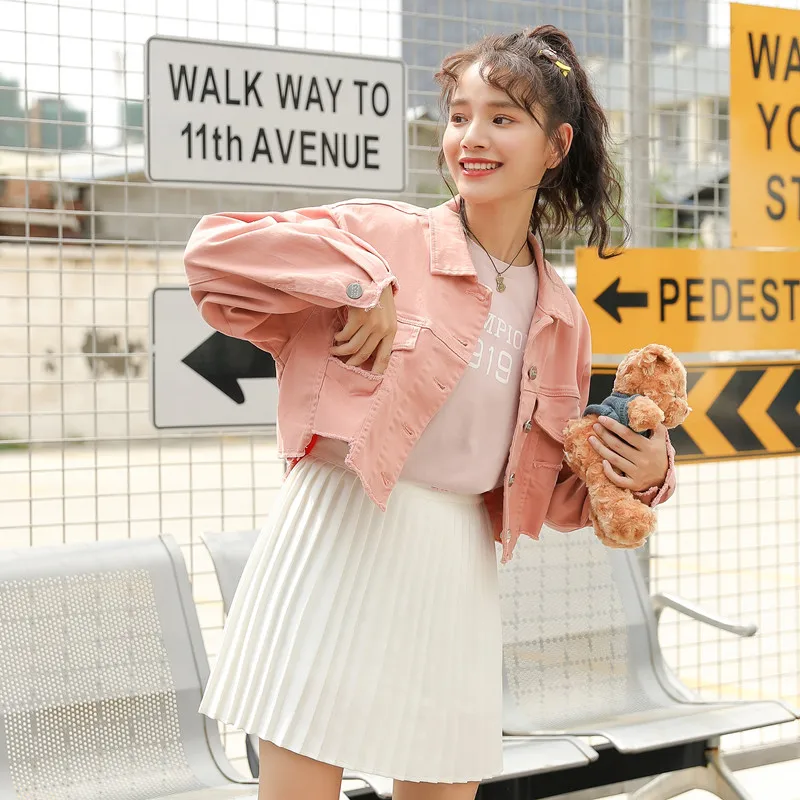 2019 женская розовая джинсовая куртка с асимметричным подолом Весенняя для женщин