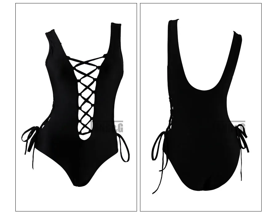 Новые Sexy One Piece Женщины Купальники Черный Белый глубокий v шеи спинки Веревка зашнуровать боди Купальник выдалбливают trajes де бано