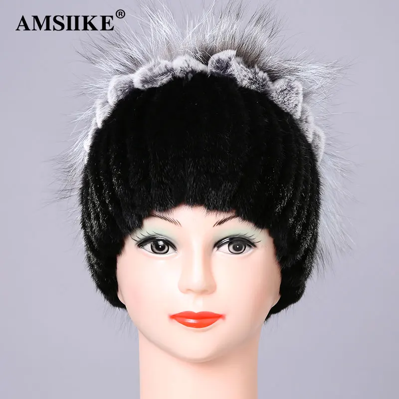 AMSIIKE Женская Мехоавая Шапка Норковая Чёрный Цвет Бубон из Бобра с Чернобуркой