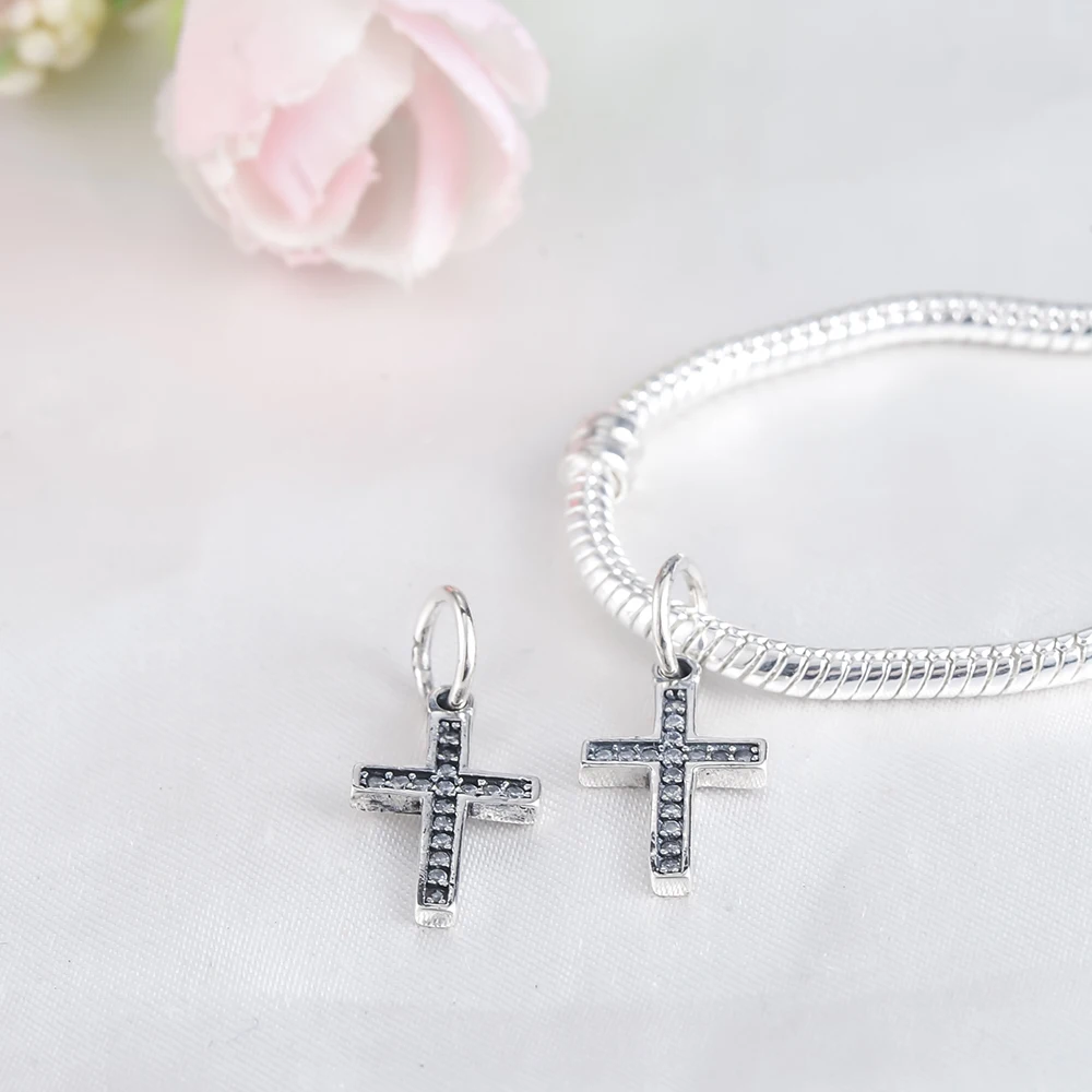 Suplush 100% 925 Sterling Silver Symbol Of Faith Cross AAA CZ Stone Beads Charms fit Bracelet Women Fashion Jewelry PSMB0398 | Украшения и