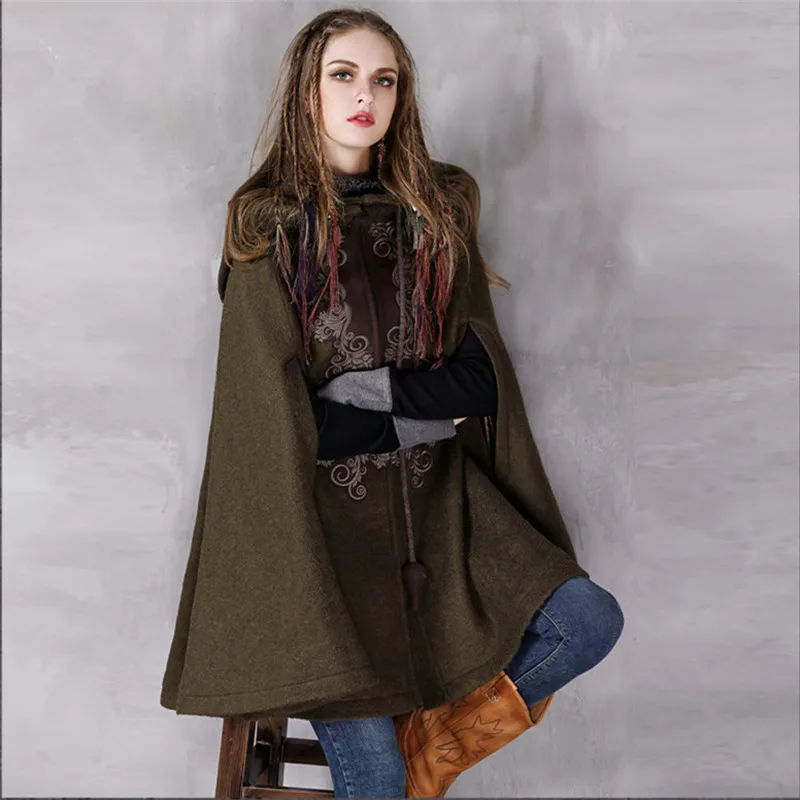 Женское винтажное пальто с капюшоном зимнее теплое шерстяное цветочной вышивкой